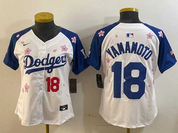 Women%27s Los Angeles Dodgers #18 Yoshinobu Yamamoto White Royal 2025 Tokyo Series Limited Stitched Jersey->mlb womens jerseys->MLB Jersey